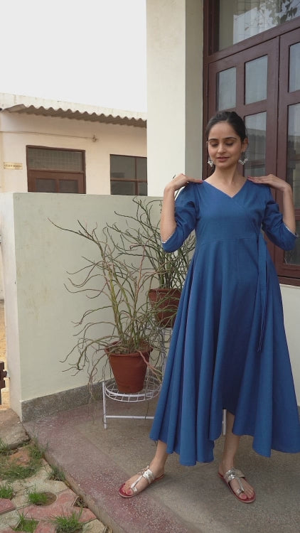 Royal Blue Solid Flared Dress with Bow